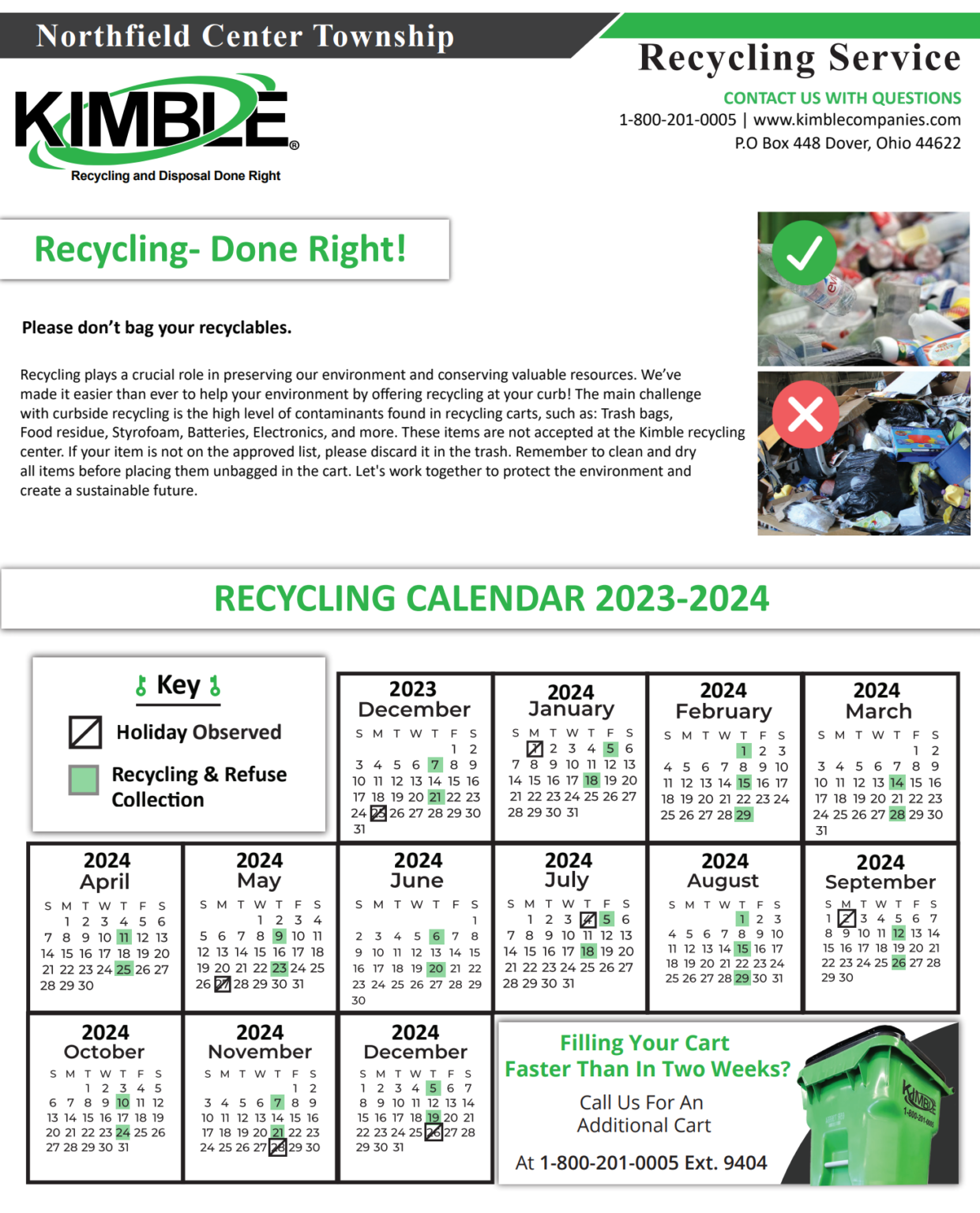 Kimble Trash/Recycle Schedule 20232024 Northfield Center Township